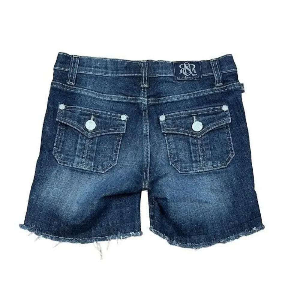 Rock & Republic Stinger Cut Off  Jean Shorts Size 2 Dark Wash Blue Stretch Denim